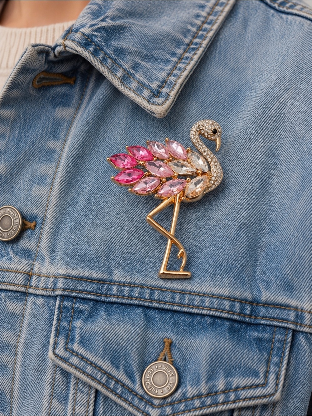 Pink Crystal Flamingo Brooch Pin Gold Tone Statement Bird Jewelry